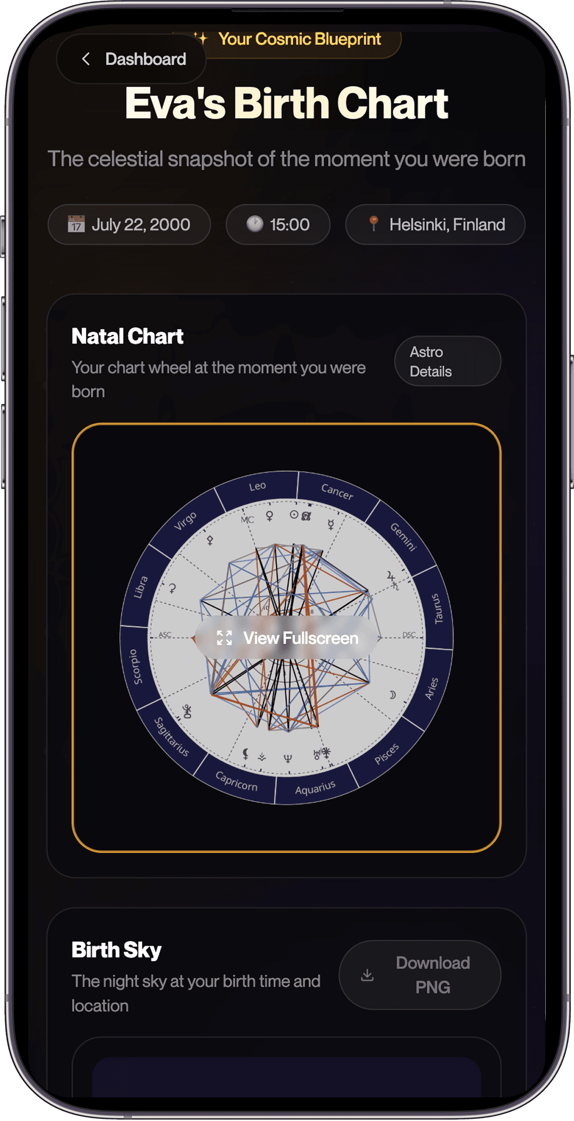 Birth chart dashboard showing natal chart wheel and birth sky section