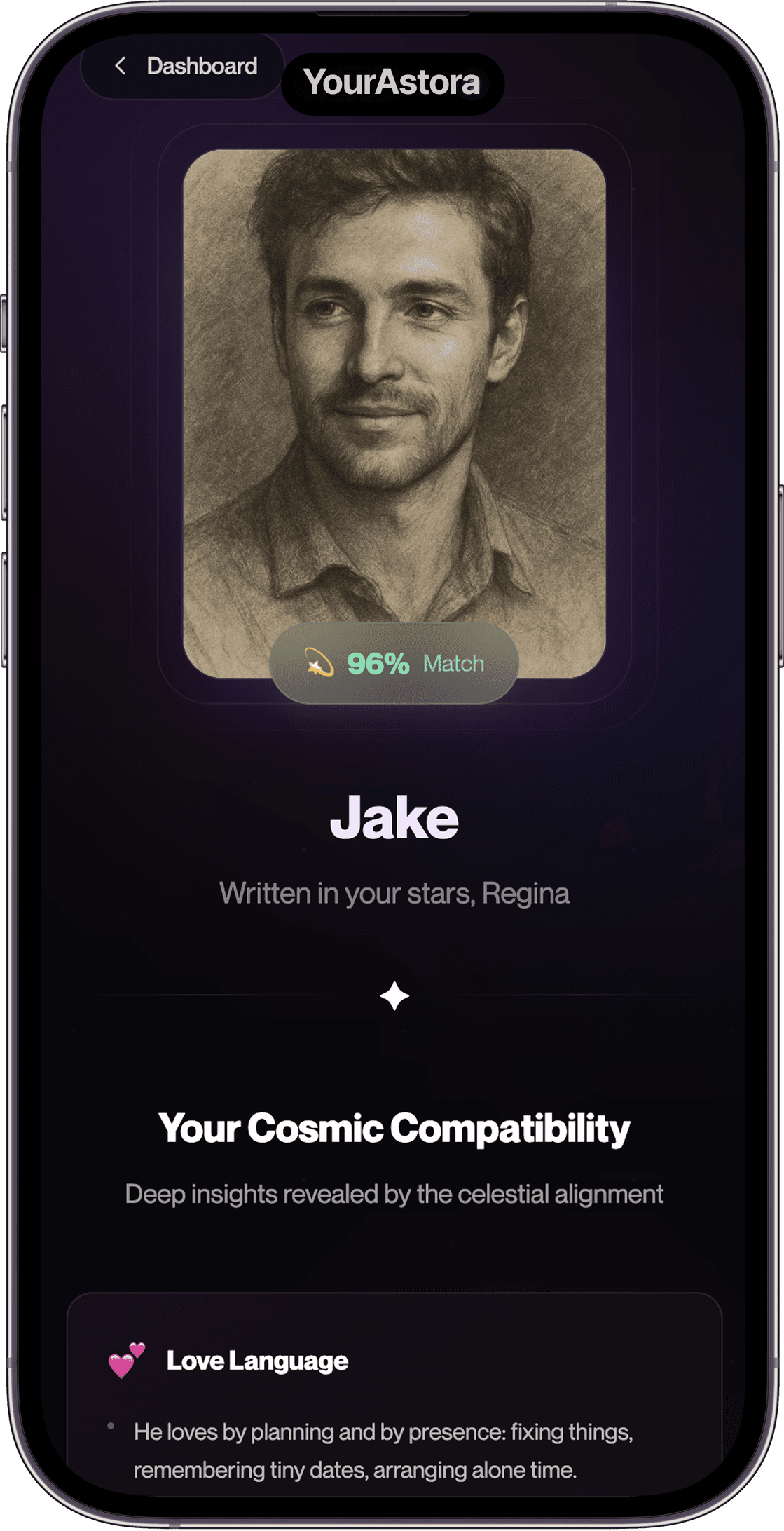 Soulmate compatibility preview with portrait, match score, and insights